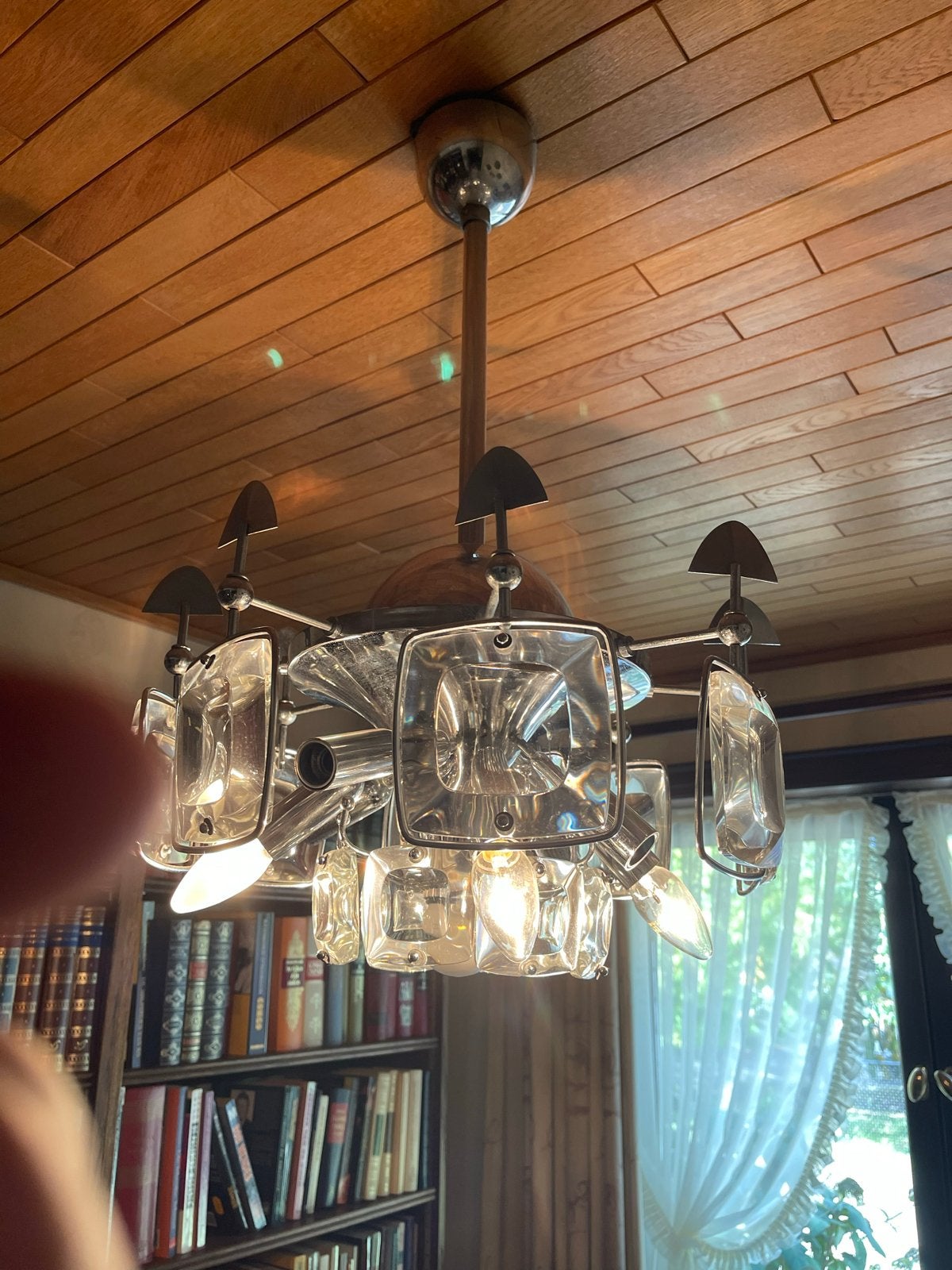 Vintage Kroonluchter met Kristallen en Chroom, Huis en Inrichting, Lampen | Hanglampen, Ophalen, Gebruikt, Glas, E14 (klein)