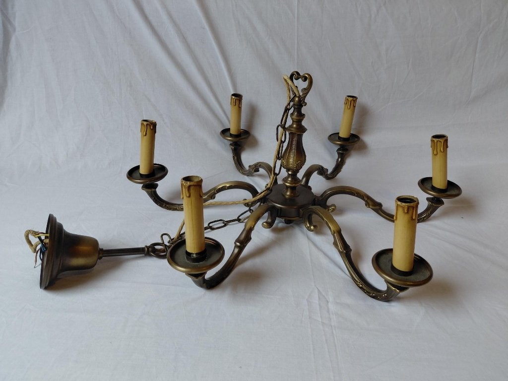Vintage Messing Kroonluchter met 6 Armen, Huis en Inrichting, Ophalen, Gebruikt, E14 (klein), Klassiek, Vintage, Antiek