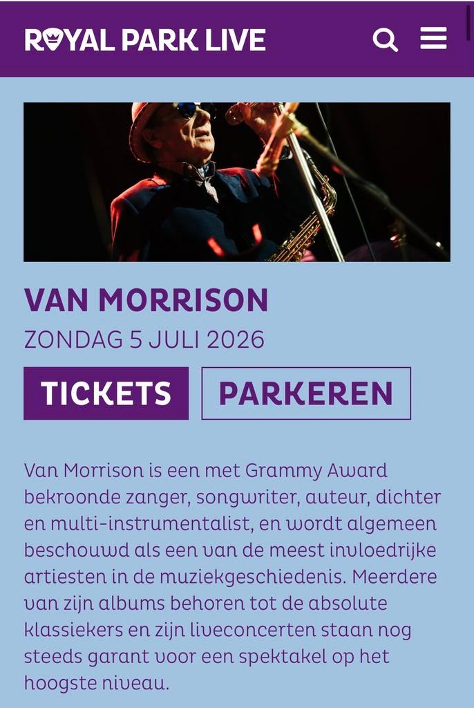 Van Morrison 2 zitplaatsen Royal Park Live + Parkeren, Tickets en Kaartjes, Twee personen