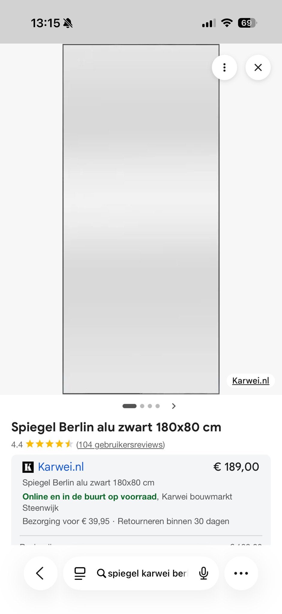 Spiegel Berlin van Karwei - 180x80 cm - Zo goed als nieuw, Ophalen, Zo goed als nieuw, 75 tot 100 cm, 150 tot 200 cm