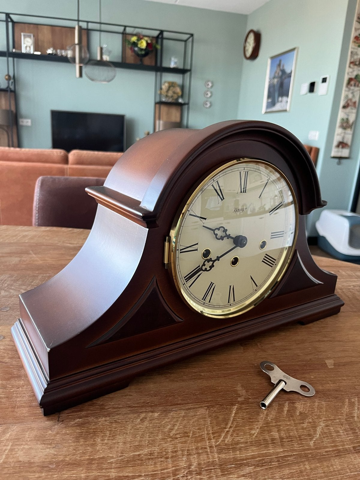 Mooie Kieninger pendule met melodie en houten kast, Antiek en Kunst, Ophalen