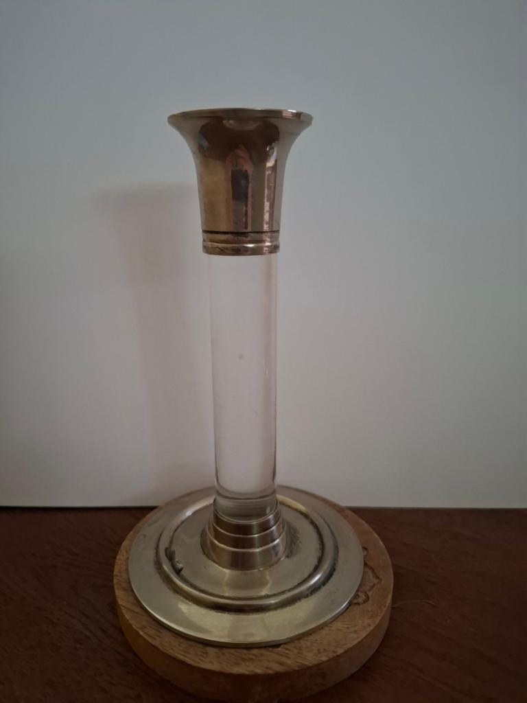 Elegante kandelaar van glas en metaal, 14cm hoog, Ophalen of Verzenden