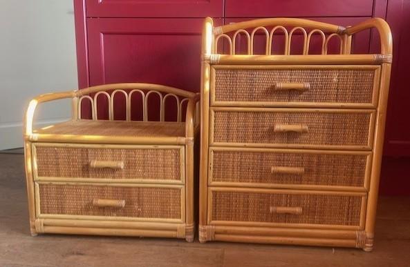 Set van 2 vintage rotan/bamboe ladekastjes, Ophalen, 5 laden of meer, 50 tot 100 cm, Zo goed als nieuw