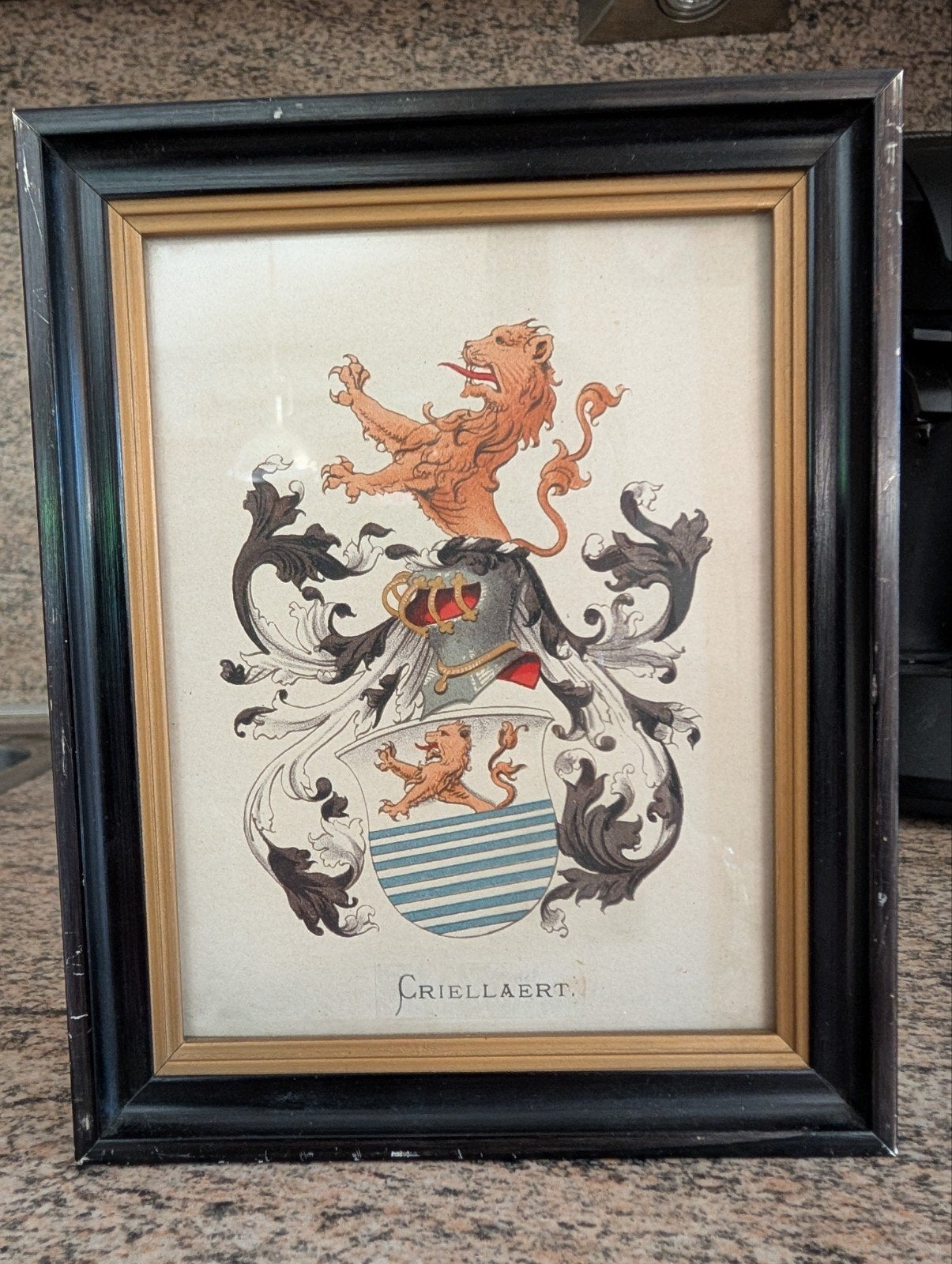 Antieke kleurenlitho familiewapen Criellaert, Ophalen of Verzenden, Lithografie, Ingelijst, 1800 - 1899