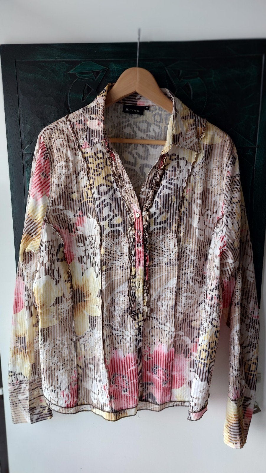 Witteveen Blouse met print en ruches - M 48, Kleding | Dames, Beige, Maat 46/48 (XL) of groter, Ophalen of Verzenden, Witteveen