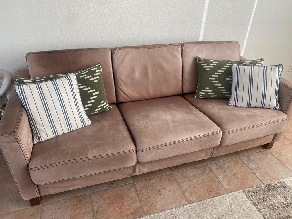 Leren bank met 2 fauteuils - recent onderhouden, Ophalen, Gebruikt, Sadle robuust, Leer