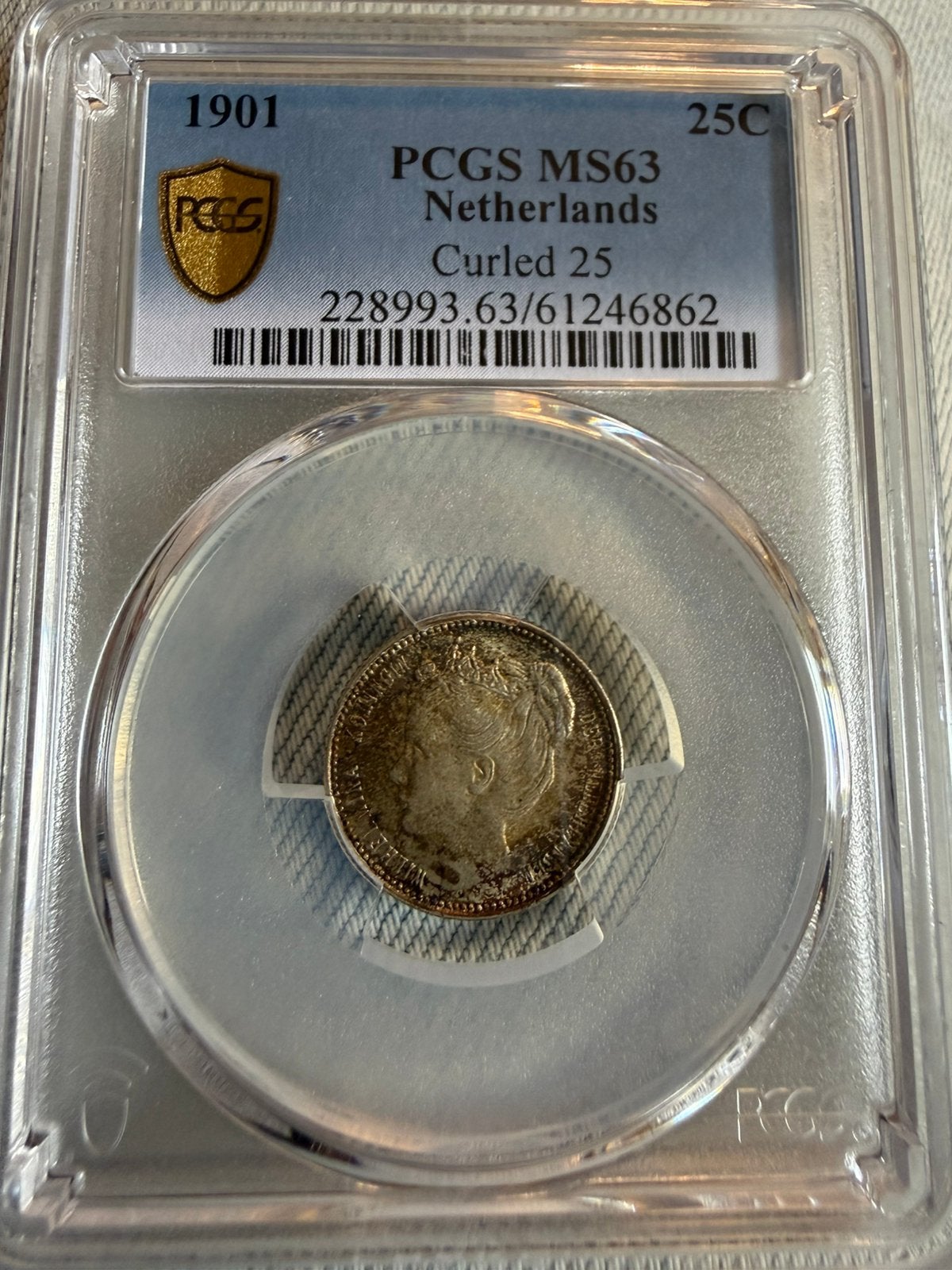 Kwartje brede hals MS63 PCGS, Postzegels en Munten, Munten | Nederland, Zilver, 25 cent, Ophalen of Verzenden, Koningin Wilhelmina