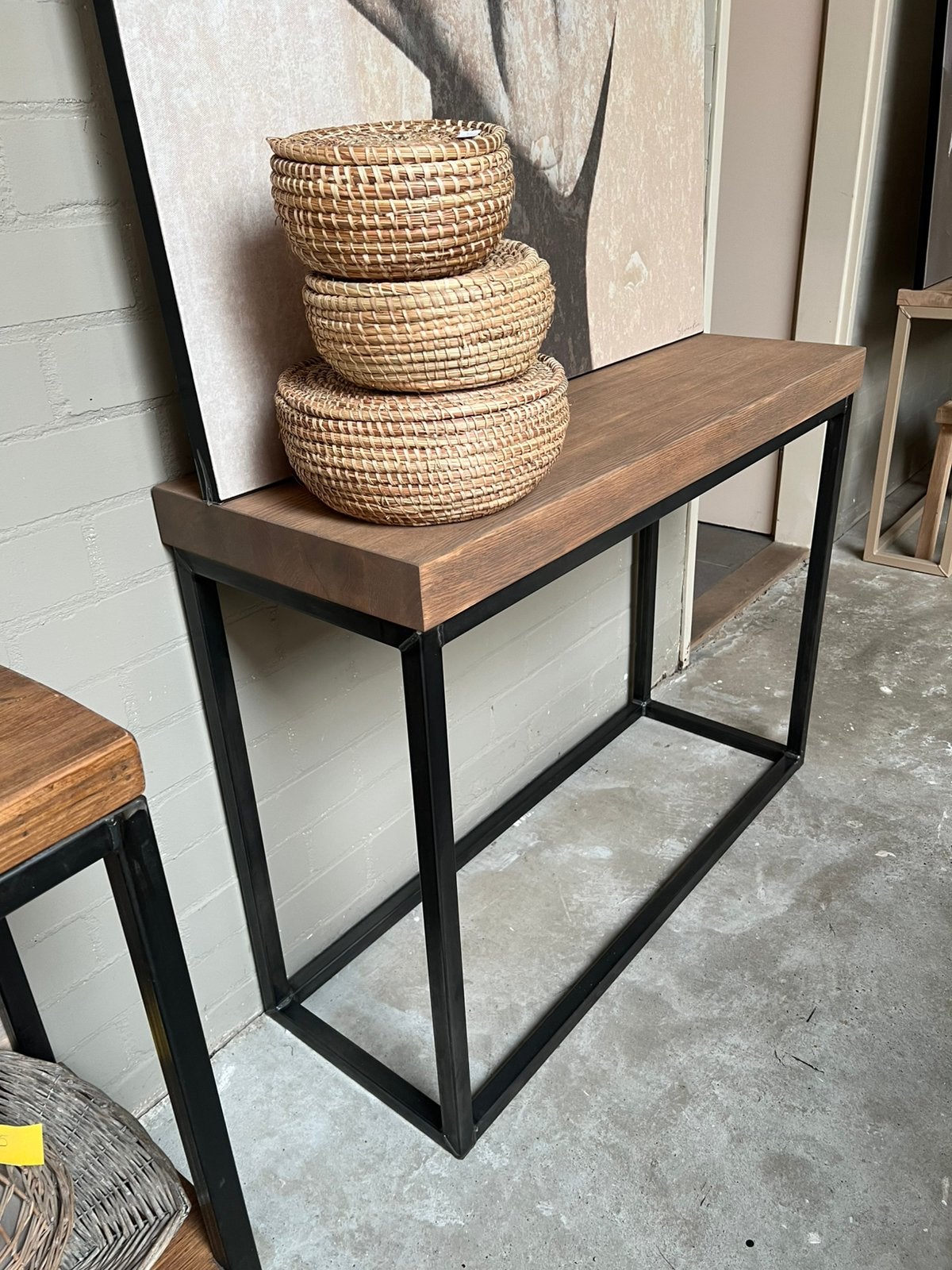 Sidetable oud eiken stalen  frame showroomopruiming, Ophalen, Zo goed als nieuw, 25 tot 50 cm, Rechthoekig