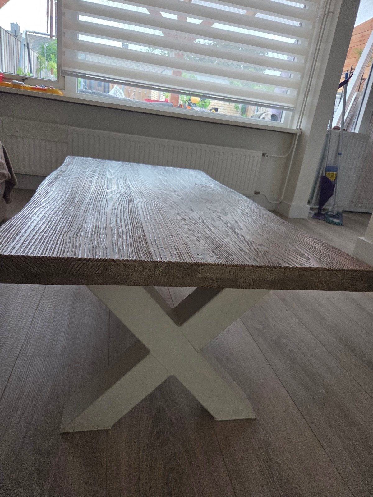 Massieve boomstam eettafel (2m) met bijpassende salontafel, Huis en Inrichting, Tafels | Eettafels, Ophalen, Zo goed als nieuw