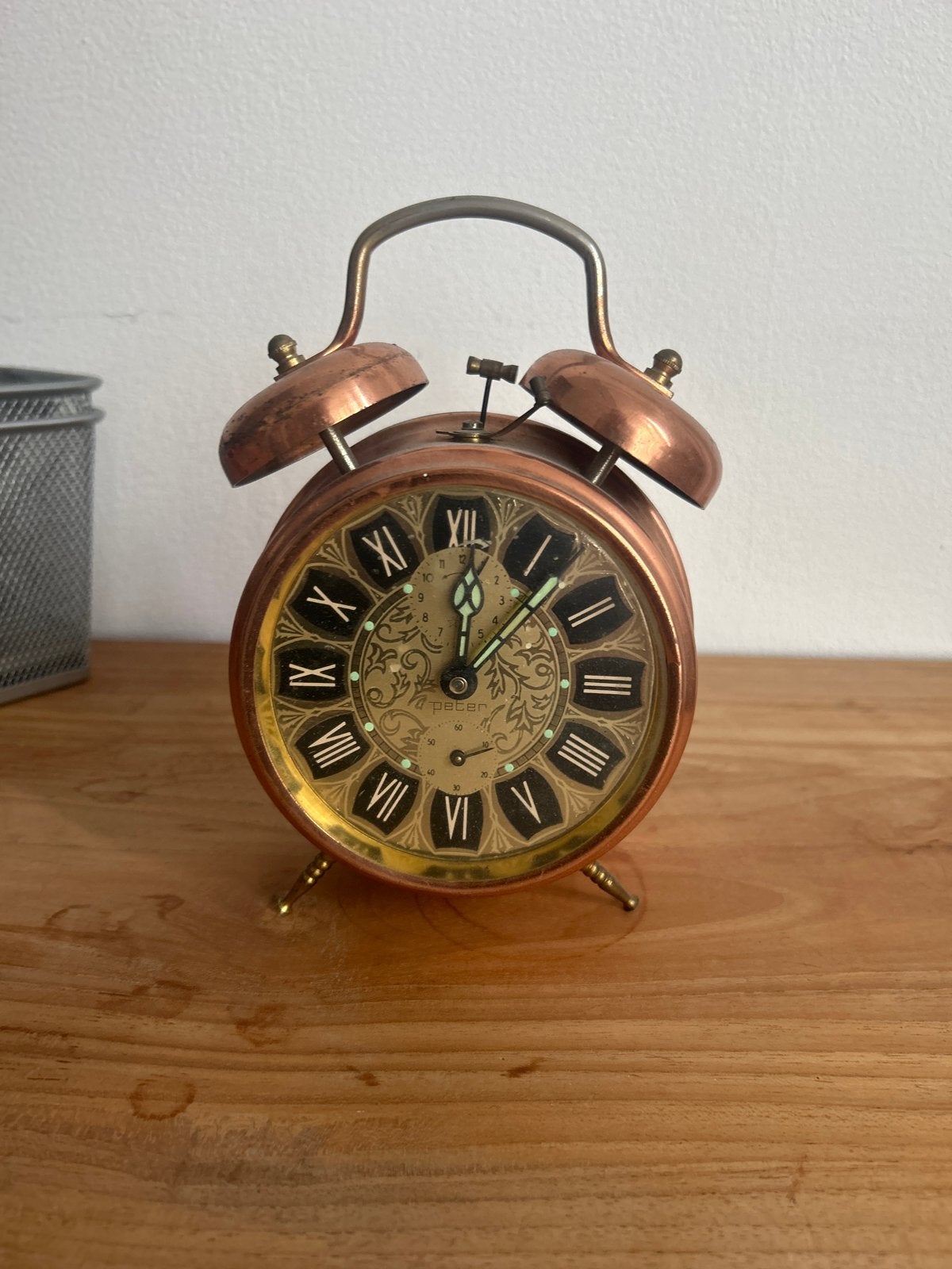 Vintage koperen wekker met Romeinse cijfers, Ophalen
