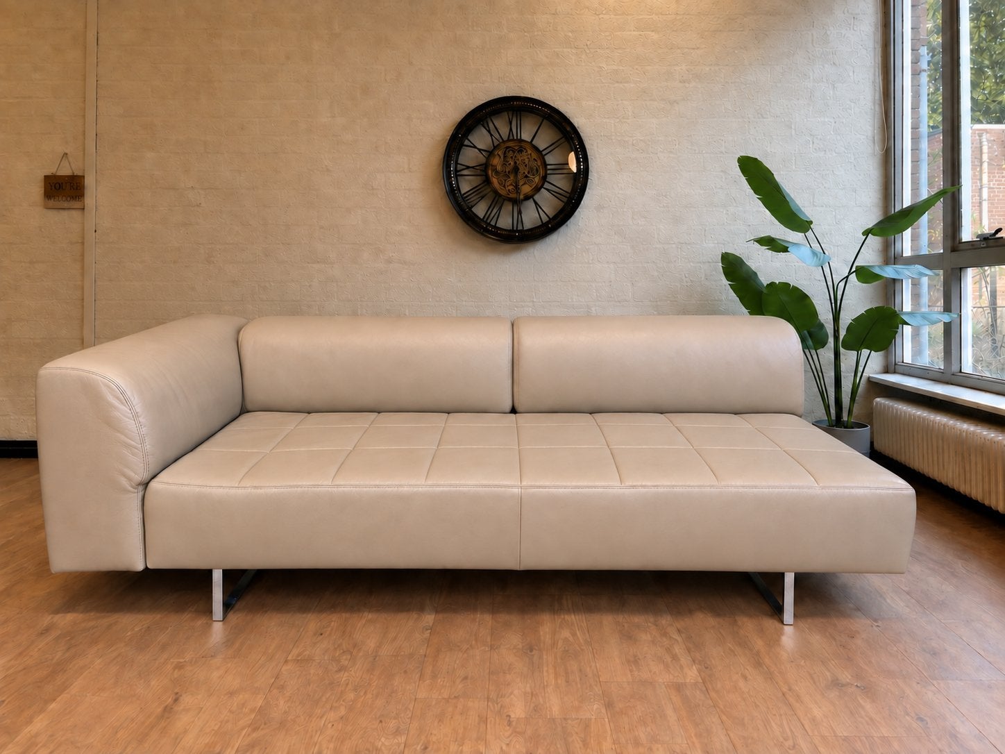 Poltrona Frau Quadra leren designbank | Beige | €1.199, Tweepersoons, Ophalen of Verzenden, Zo goed als nieuw, Rechte bank