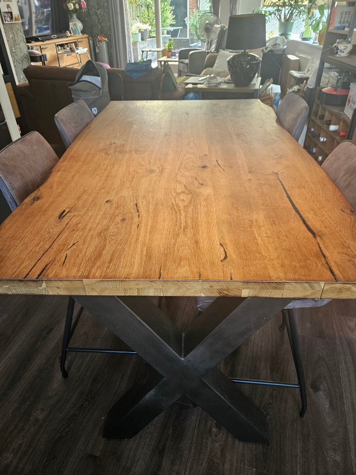 H&H Eikenhouten Bar Eettafel met 4 H&H Stoelen, Ophalen, Gebruikt, 100 tot 150 cm, Modern, Industrieel