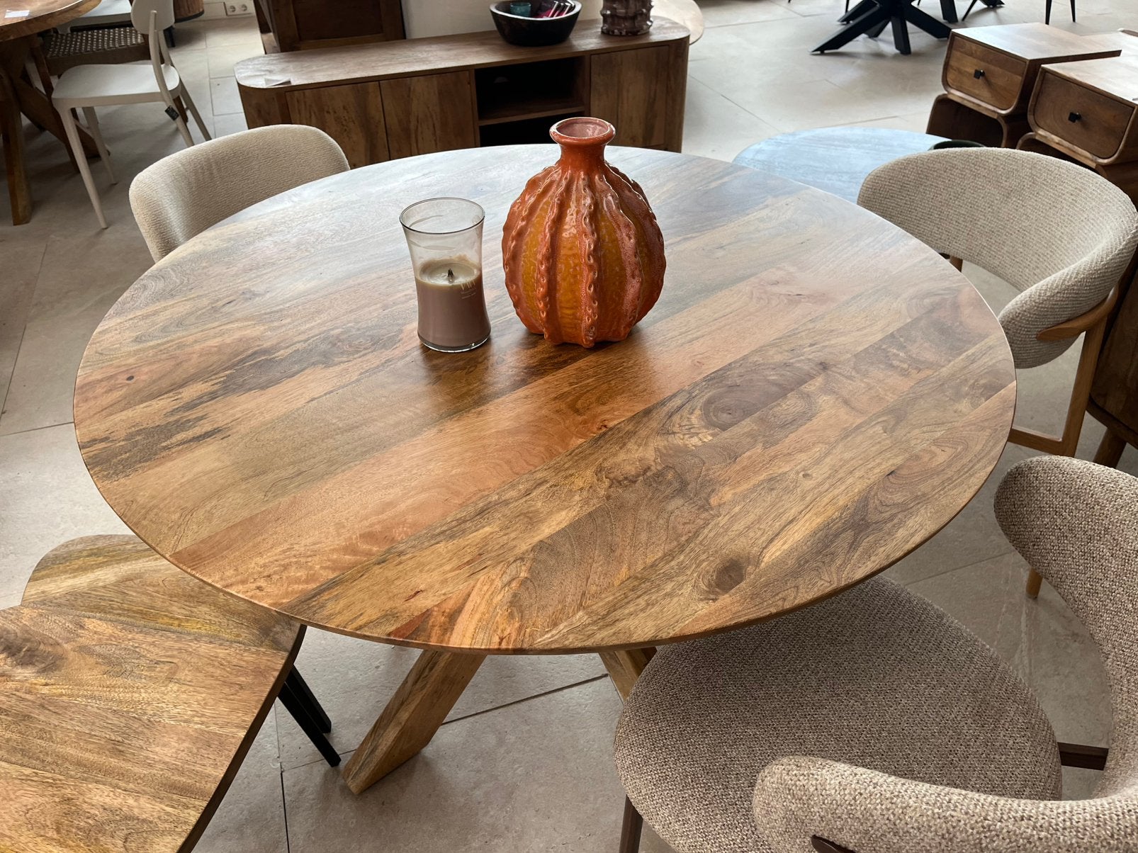 Magazijn leegverkoop ronde eettafel mangohout massief matrix, Hout, Nieuw, Ophalen of Verzenden, Info@wkhome.nl
