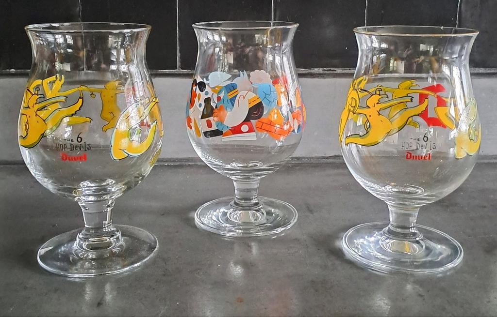 Drie Duvel glazen, Verzamelen, Glas en Borrelglaasjes, Ophalen, Zo goed als nieuw, Bierglas