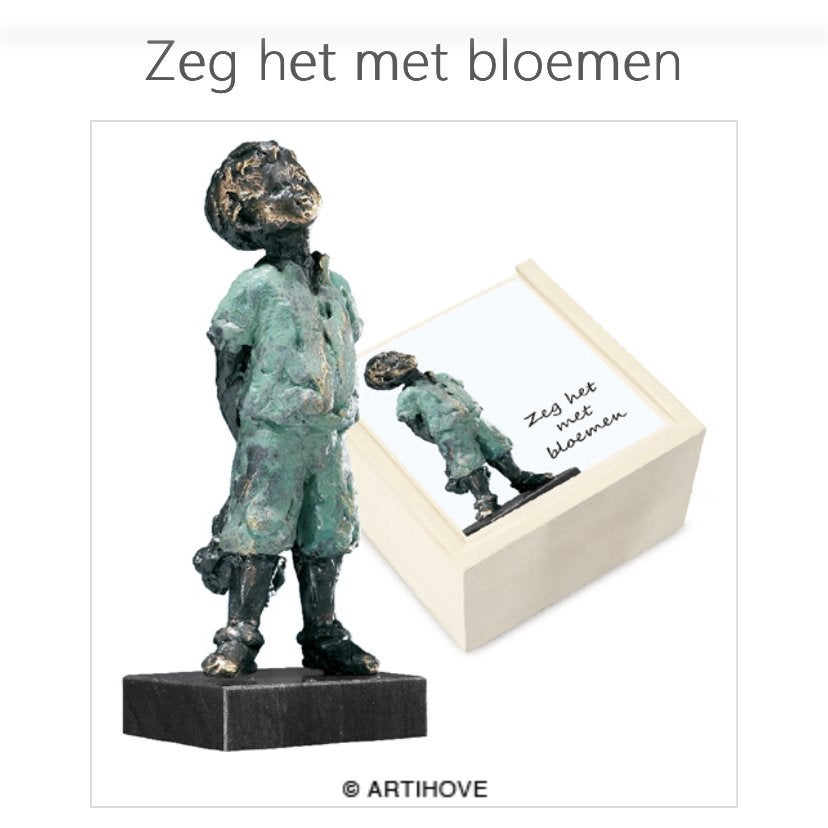 Nieuw! Bronzen beeldje 'Zeg het met bloemen' op sokkel, Ophalen, Minder dan 20 cm, Beeld, Europa