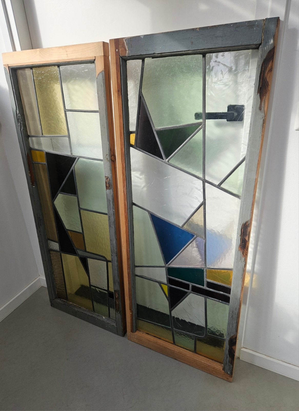Set antieke Art Deco glas-in-loodramen 50x130 cm., Doe-het-zelf en Verbouw, Ophalen, Minder dan 80 cm, Gevelraam of Ruit, Minder dan 80 cm