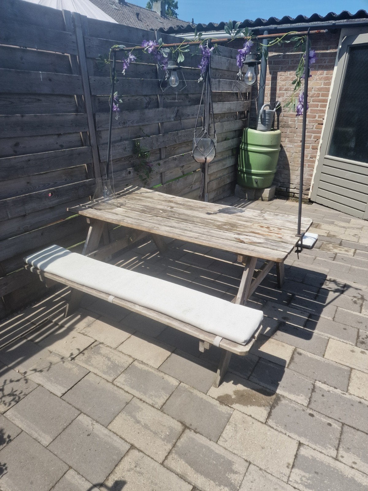 Houten picknicktafel met kussens en tafelstang, Ophalen, Gebruikt, Rechthoekig, Hout