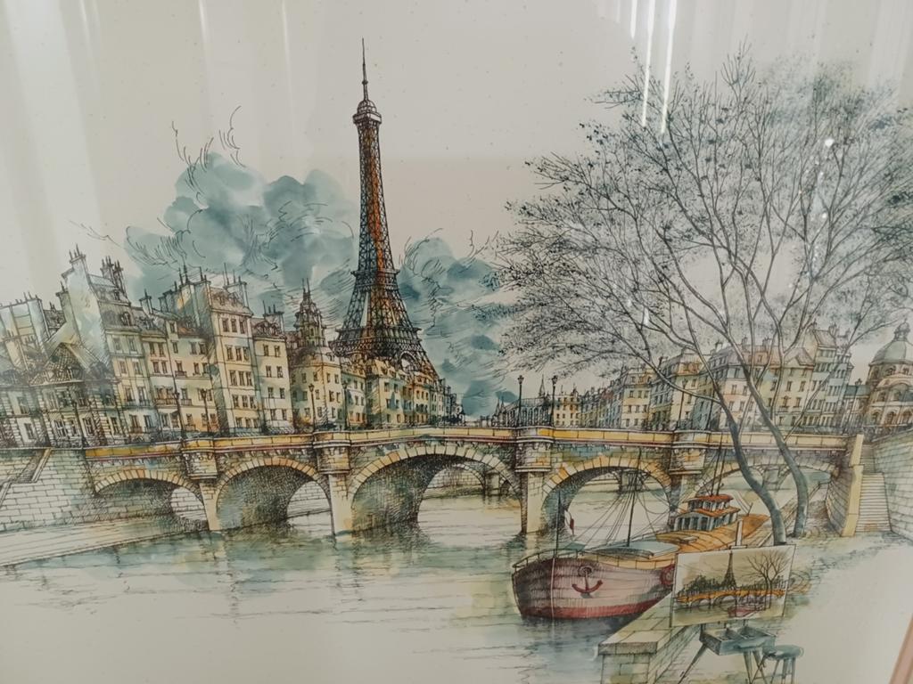 Vintage prent aquarel Eiffeltoren in lijst 60x50 cm, Ophalen, 1960 tot 1980, Gebruikt, Buitenland