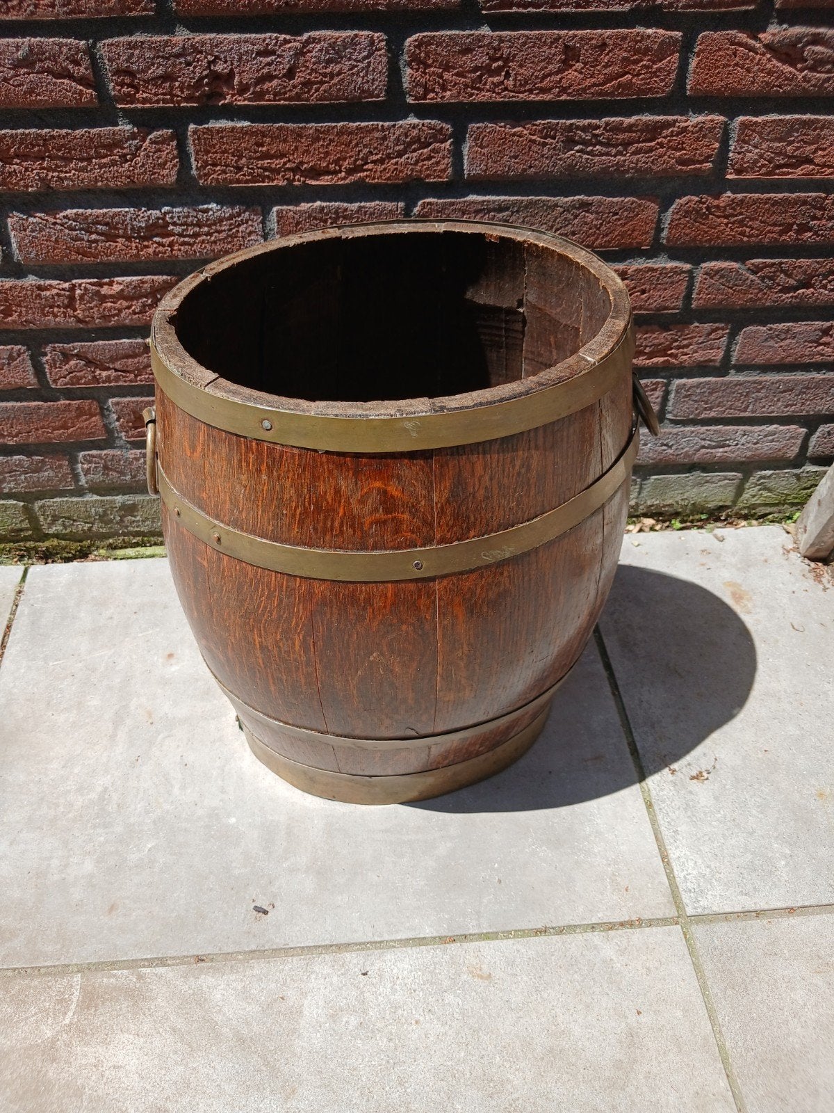 antieke eikenhouten paraplubak in de vorm van een vat, voorz, Ophalen of Verzenden, Metaal