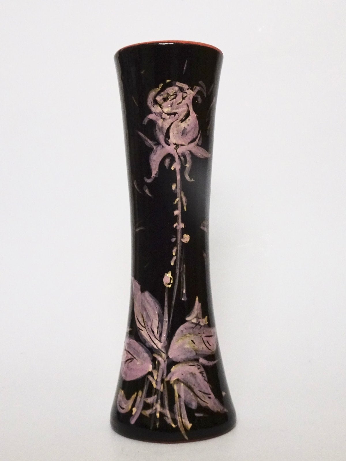Vintage 60s keramiek roos bloem vaas goud zwart paars retro, Ophalen