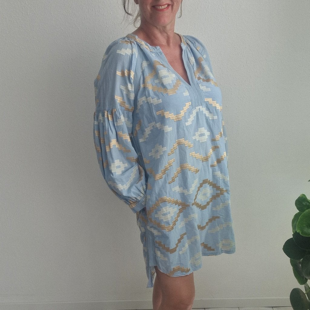 Kori tuniekjurk. Maat M. Lichtblauw/goud, Maat 38/40 (M), Blauw, Nijmegen, Verhip-vintage.nl