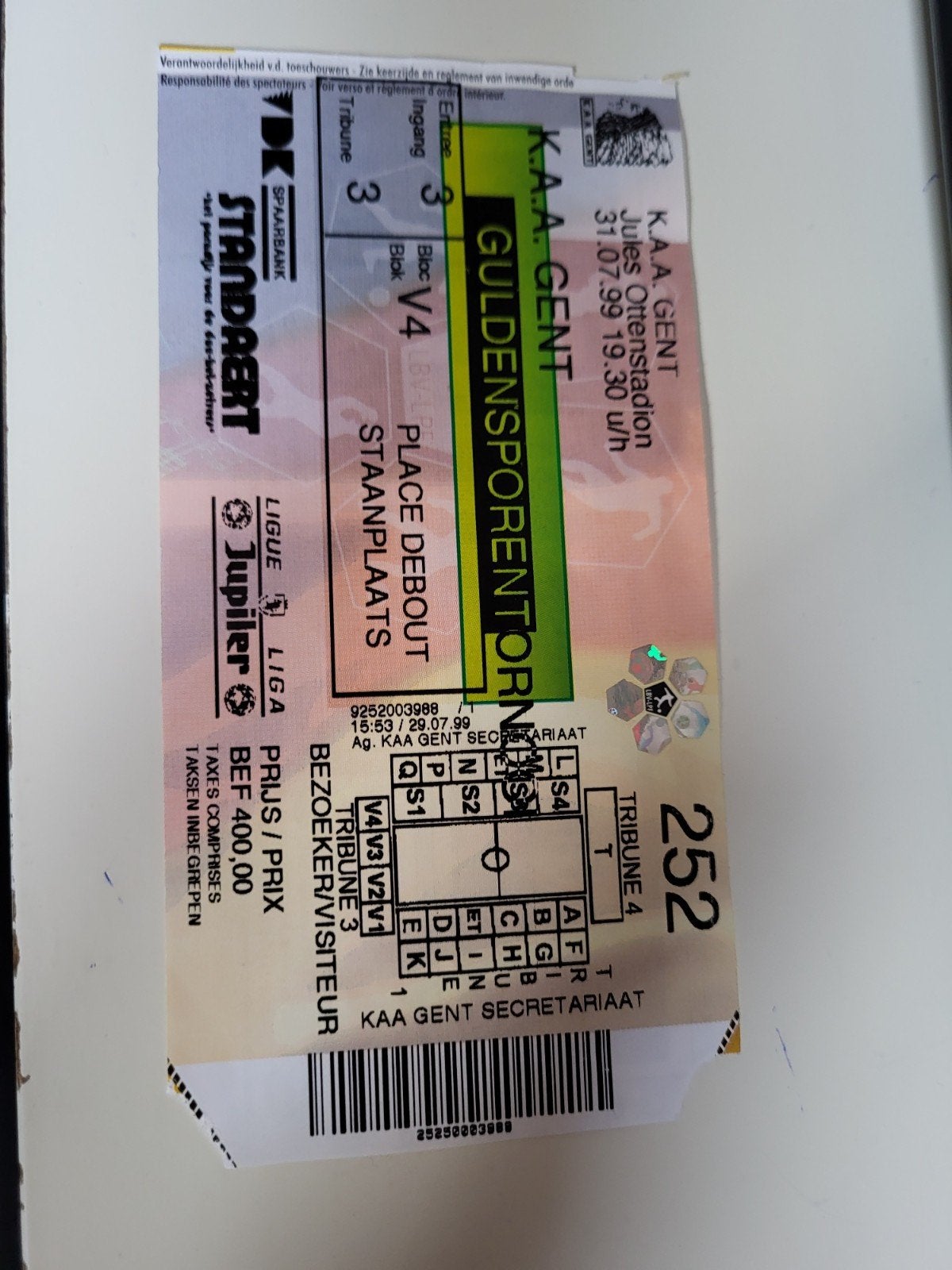 Ticket AA Gent-PSV, Guldensporentornooi 1999, Verzamelen, Verzenden