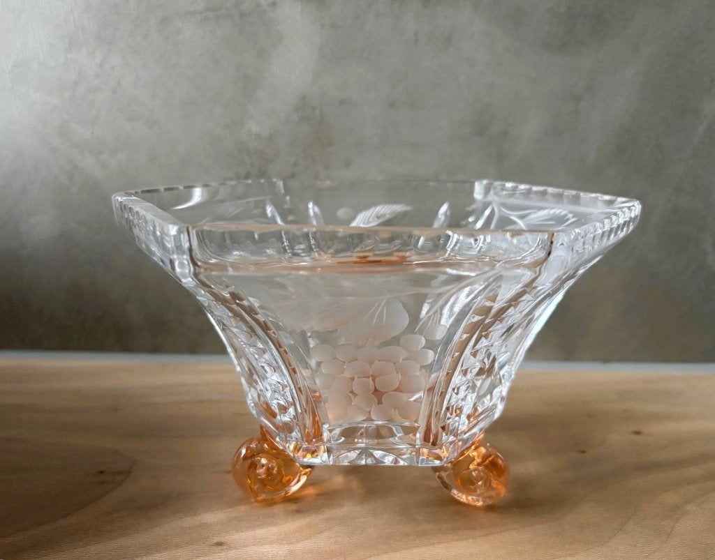 Art Deco Schaal Geslepen/ Geëtst Kristal Glas 18,5 cm, Ophalen