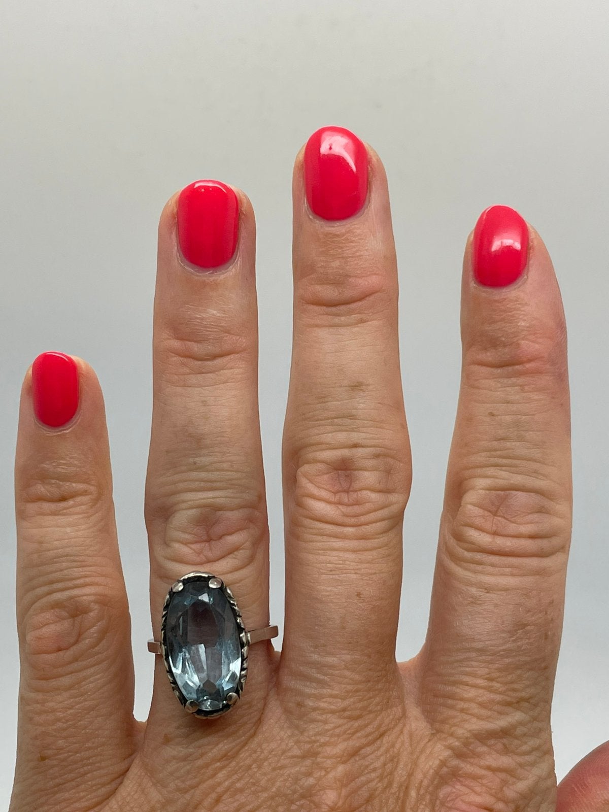 F328 Prachtige zilveren aquamarijn ring maat 17,5, Sieraden, Tassen en Uiterlijk, Antieke sieraden, Ophalen of Verzenden, Zilver