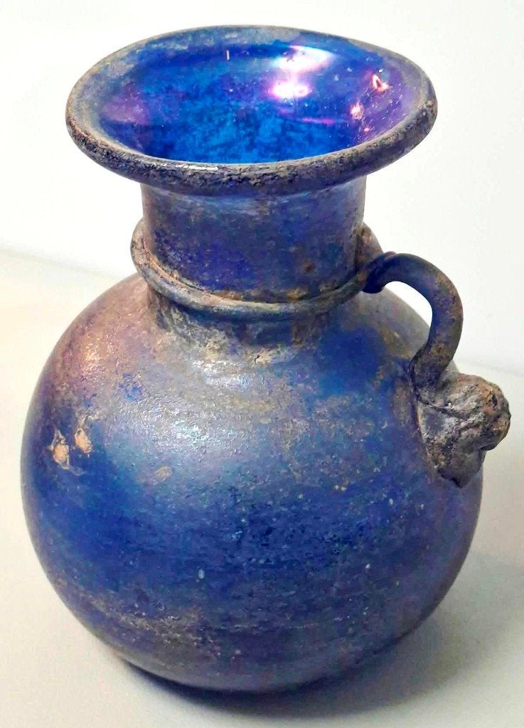 Schitterende Antiek Blauw Iriserend Glas Karaf Romeins Model, Antiek en Kunst, Ophalen of Verzenden