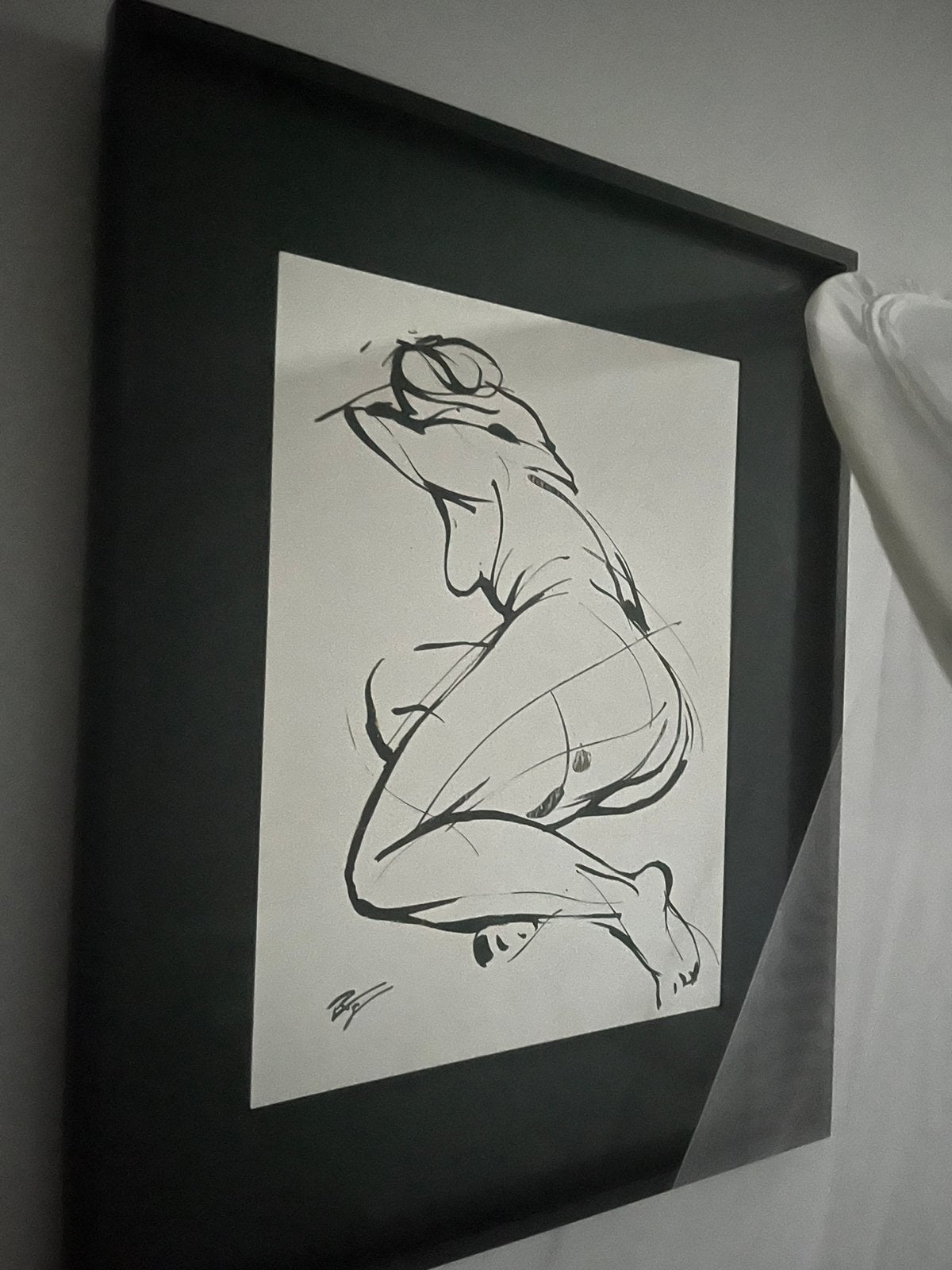 Cyril Requerre. Inkttekening zwart wit, Antiek en Kunst, Ophalen, Figuren, Hout, Passe-partout