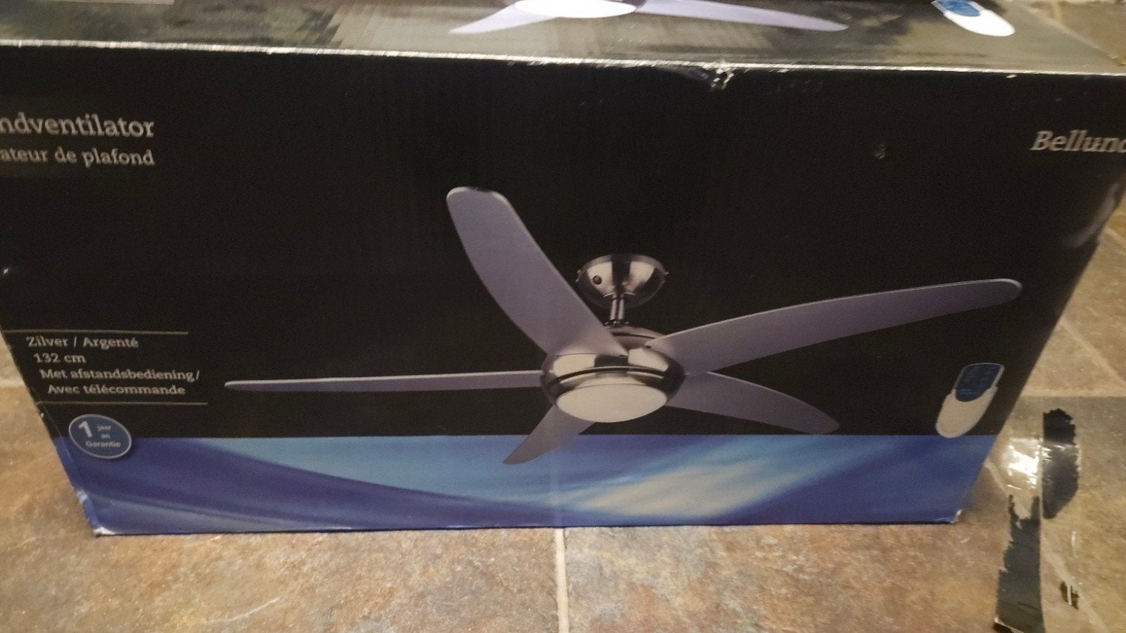 Belluno Plafondventilator Zilver 132cm met afstandsbedieni, Ophalen of Verzenden, Ventilator met afstandsbediening, Nieuw, Plafondventilator