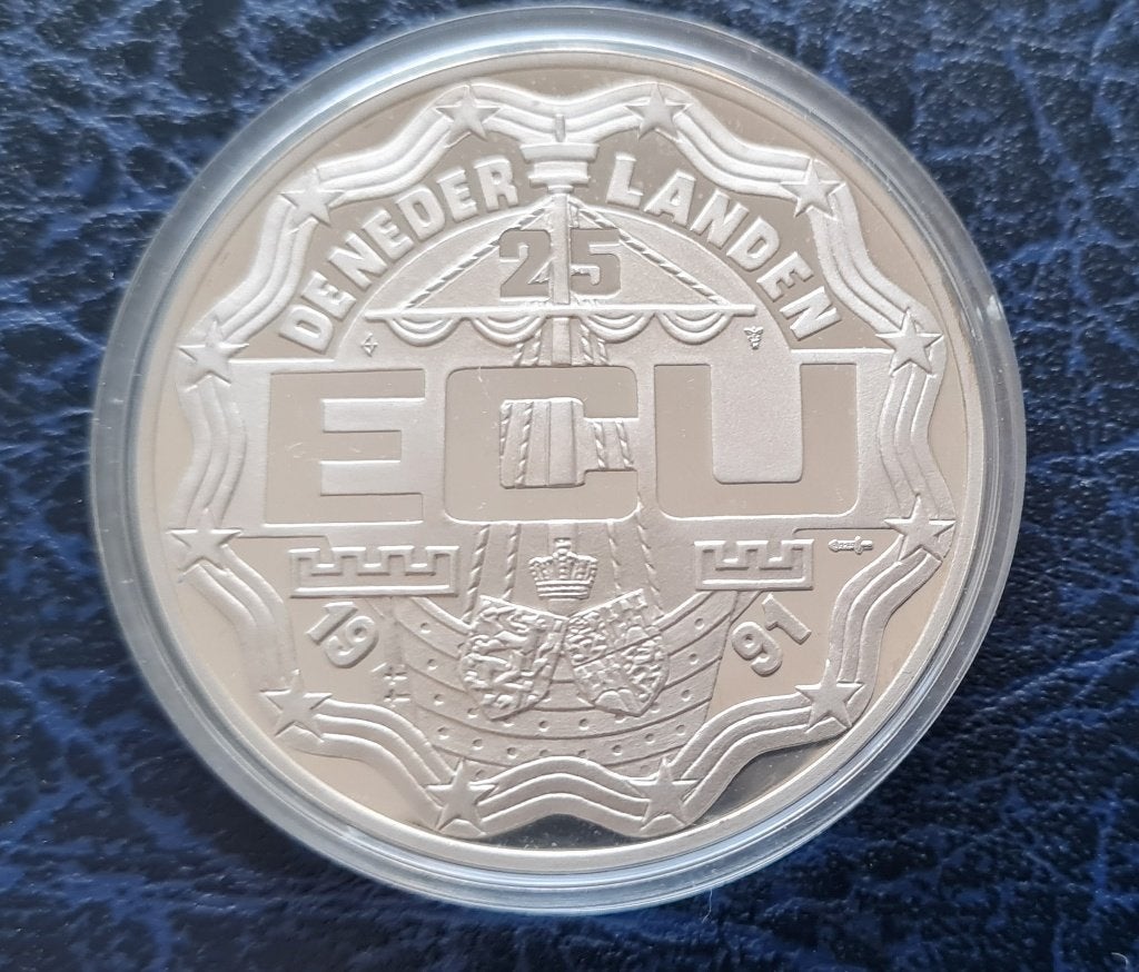 Zilveren 25 ecu 1991, 25-jarig huwelijk Beatrix en Claus, Postzegels en Munten, Ophalen of Verzenden, Koningin Beatrix, Losse munt