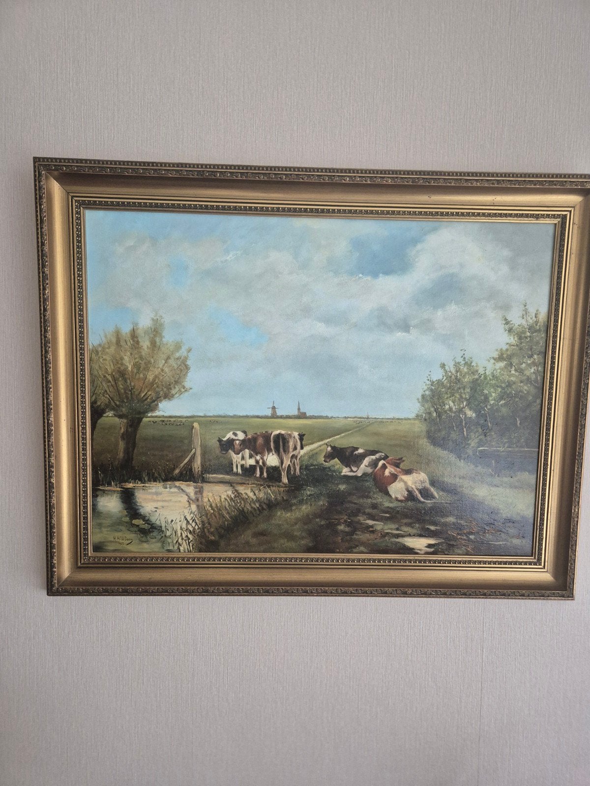 Groot Klassiek Hollands Landschap met Koeien - H.H. v/d Door, Antiek en Kunst, Kunst | Schilderijen | Klassiek, Ophalen of Verzenden