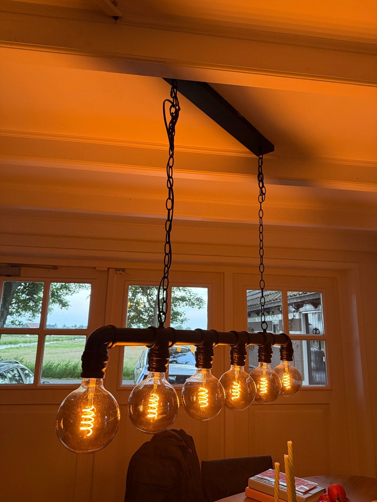 Industriële hanglamp met 6 Edison gloeilampen, Huis en Inrichting, Lampen | Hanglampen, Ophalen, 50 tot 75 cm, Zo goed als nieuw