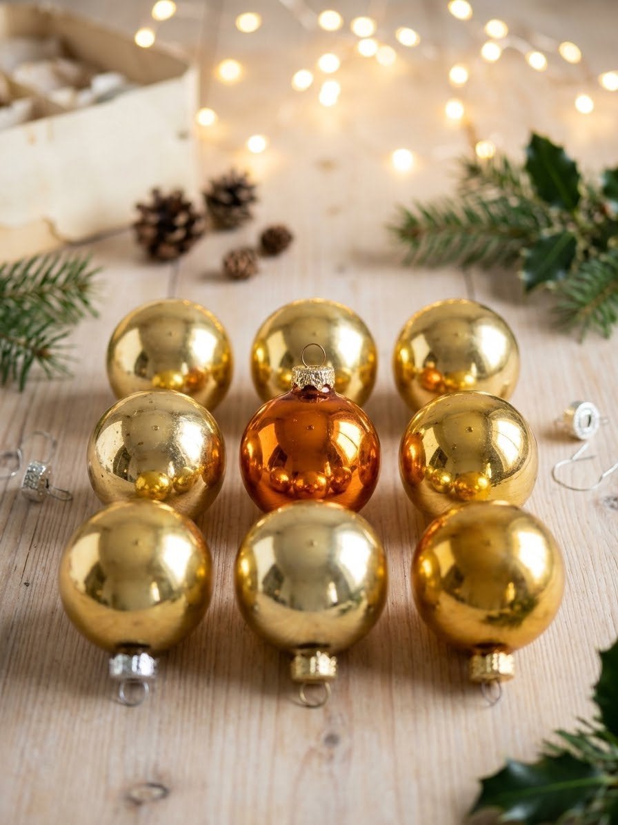 Set van 9 vintage glazen kerstballen – Goud & Koper/Oranje, Ophalen, Gebruikt