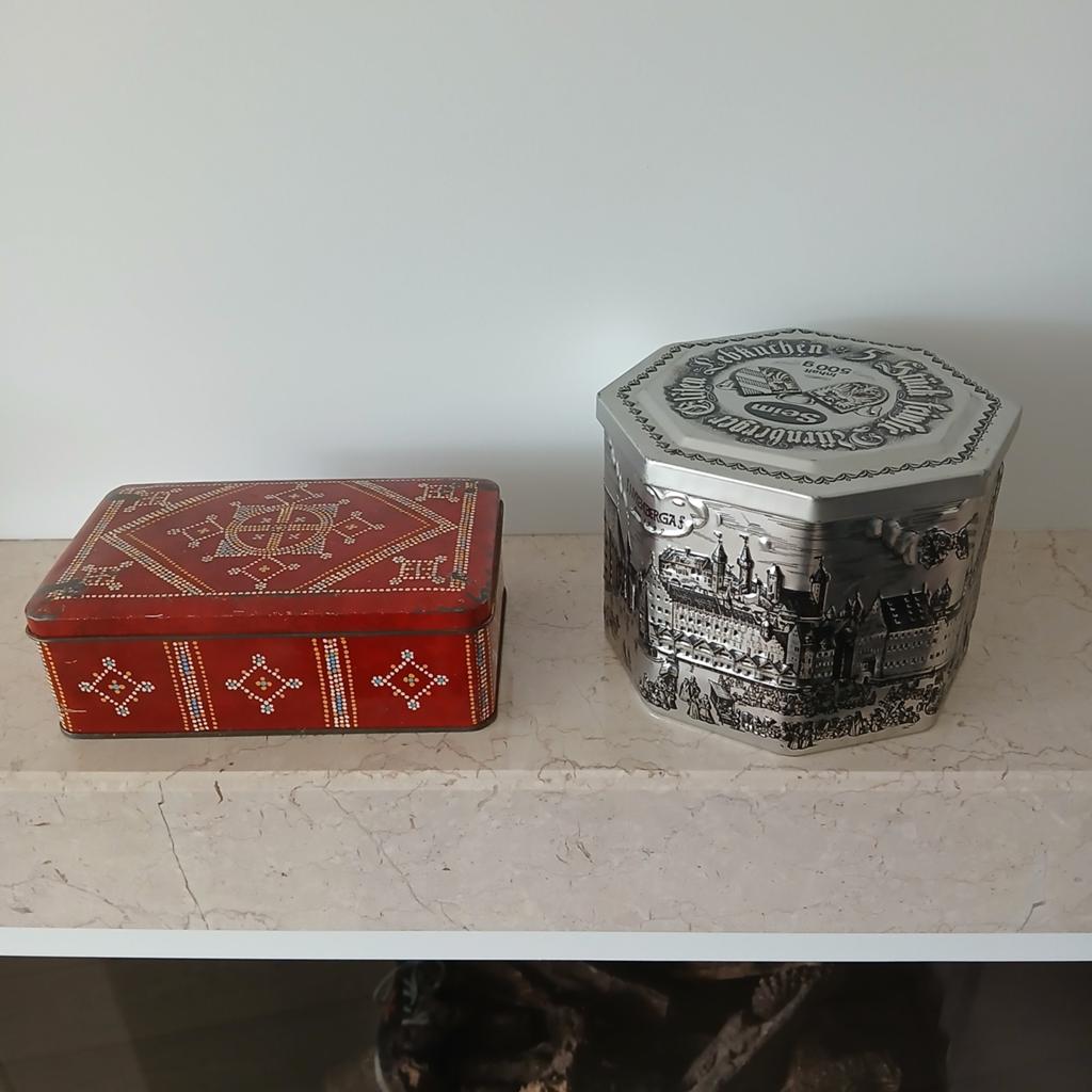 Vintage blikken: rood met patroon en zilveren Lebkuchen, Verzamelen, Blikken, Ophalen of Verzenden