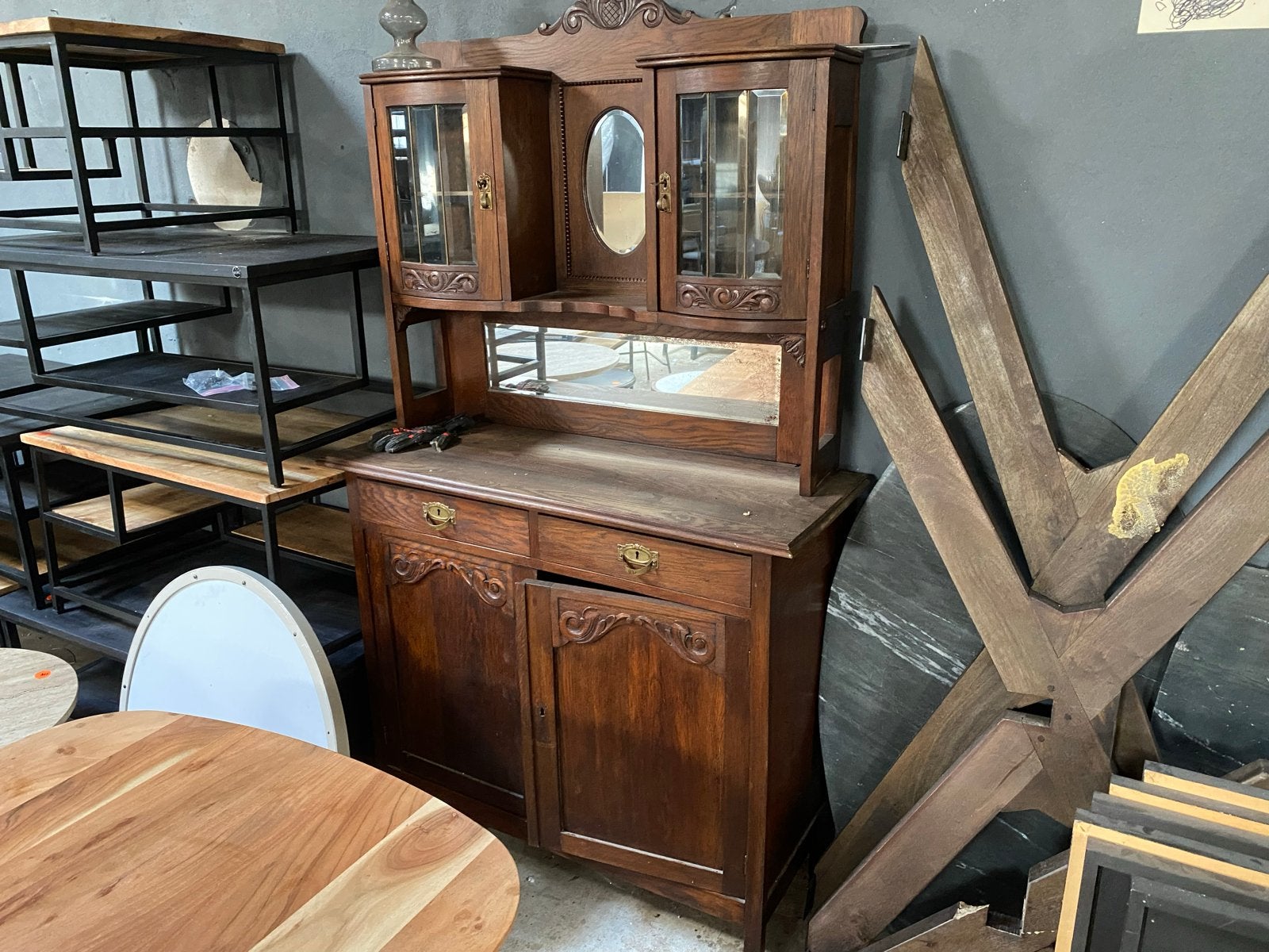 Antiek buffet kast ong 1920 190x110 spiegel en vitrinekasten, Ophalen, Gebruikt, Eikenhout, 150 tot 200 cm