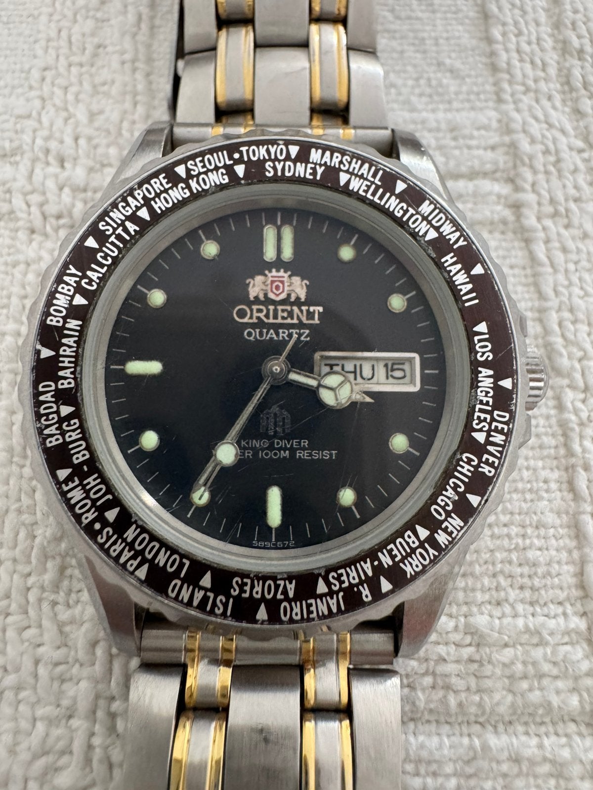 Vintage Orient World Time / Diver Quartz Horloge, Overige merken, Staal, Gebruikt, Staal