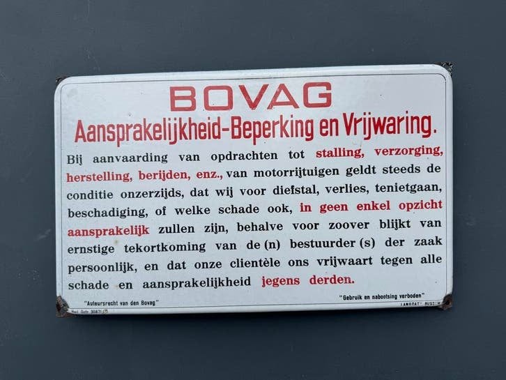 Vintage BOVAG Aansprakelijkheid-Beperking Emaille Bord, Ophalen of Verzenden