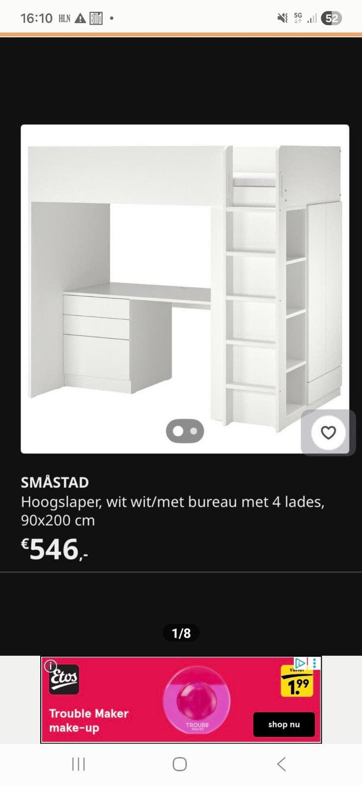 Ikea hoogslaper, Huis en Inrichting, Slaapkamer | Stapelbedden en Hoogslapers, Gebruikt, Eenpersoons, Ophalen of Verzenden, 90 cm