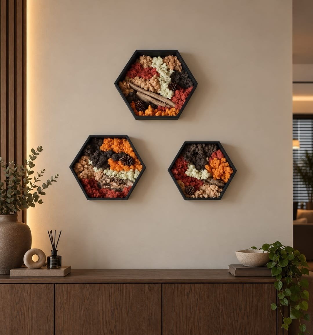 3 Hexagon Mosschilderijen Herfstkleuren, Nieuw, Ophalen of Verzenden, Natuurlijk materiaal, Wandbord of Wandpaneel