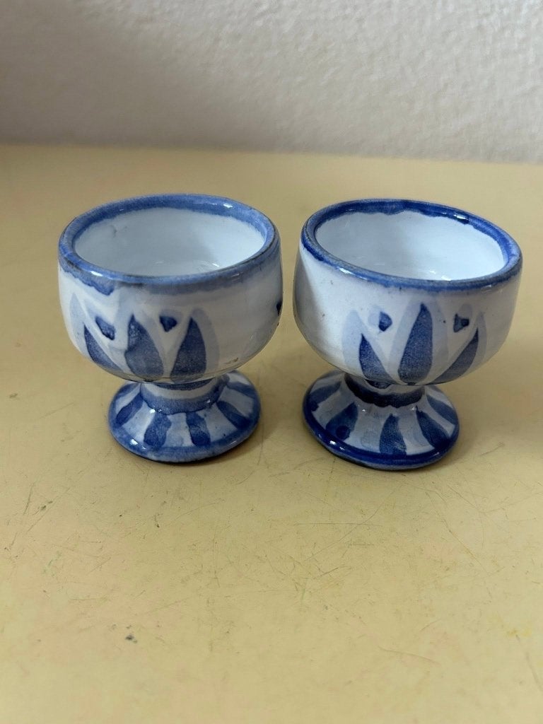 Vintage eierdopjes blauw wit handbeschilderd Brichet, Ophalen of Verzenden