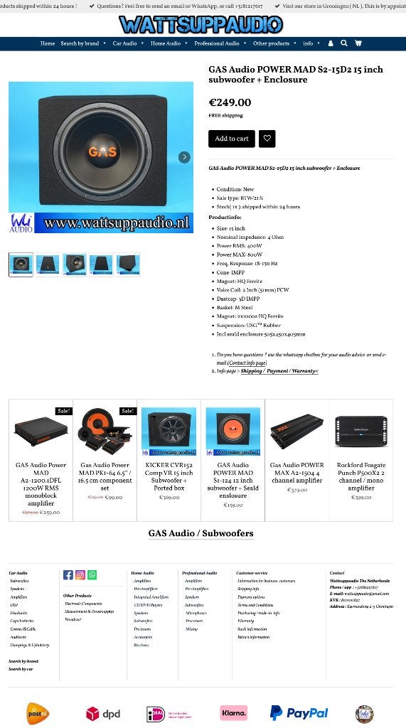 GAS Audio POWER MAD S2-15D2 15 inch subwoofer, Info@optimount.nl, Nieuw, Ophalen of Verzenden, Anholtseweg 48A 7091 HB DINXPERLO