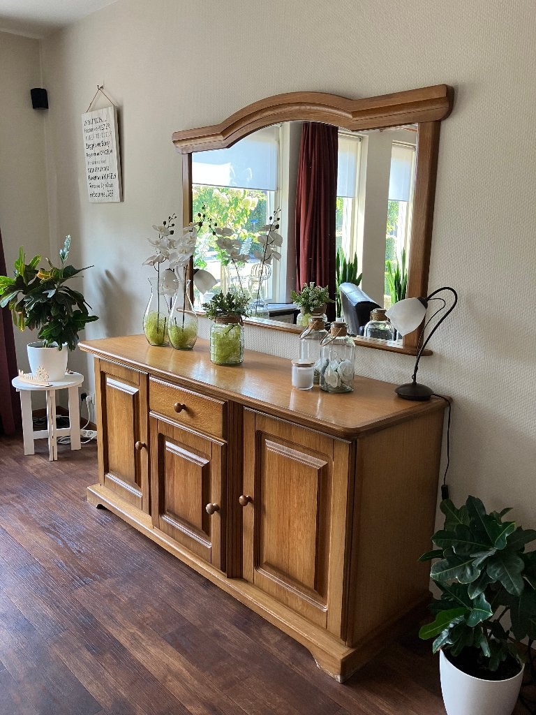 Dressoir met spiegel eiken blank platine, Ophalen, Gebruikt, 150 tot 200 cm, Eikenhout