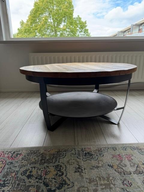 Salontafel rond 90 cm. Mangohout met metaal, Huis en Inrichting, Tafels | Salontafels, 50 tot 100 cm, Industrieel modern, Rond