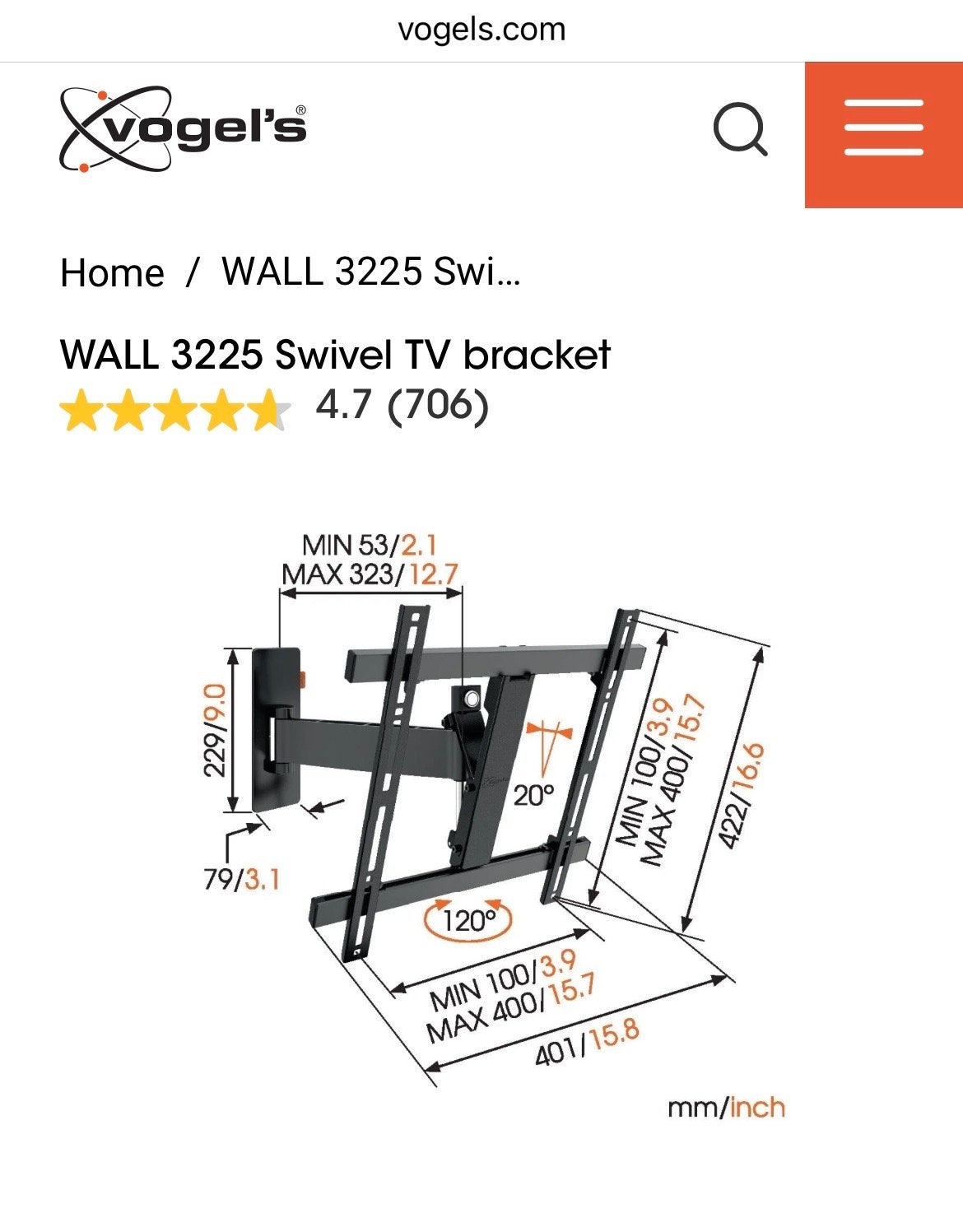 Vogel's WALL 3225 Draaibare TV Beugel, Ophalen, Gebruikt