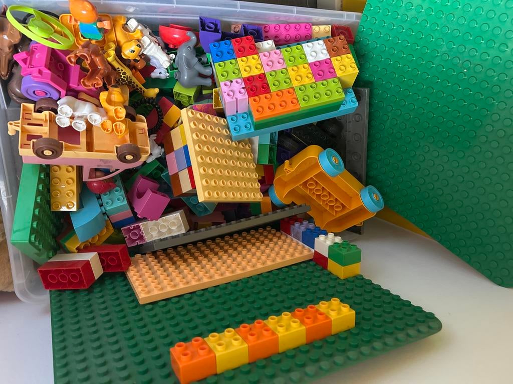 Grote doos met diverse bouwblokken en figuren, Ophalen, Gebruikt, Duplo