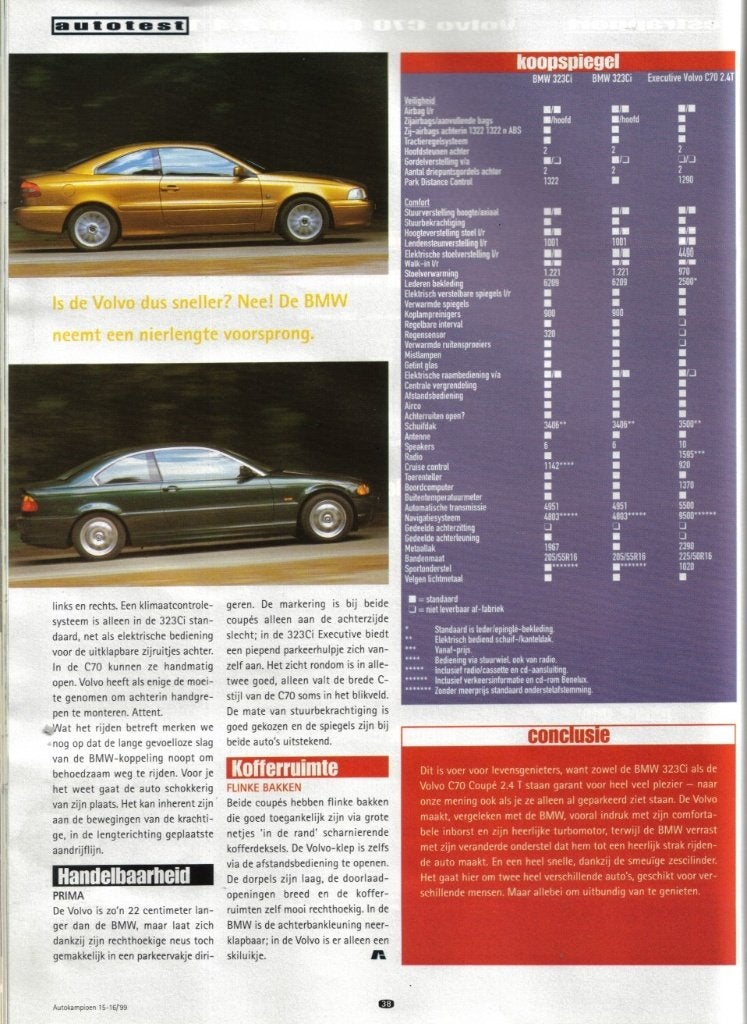 Autokampioen dubbeltest Volvo C70 en BMW 323 Ci 1999, Ophalen of Verzenden, Gelezen, BMW