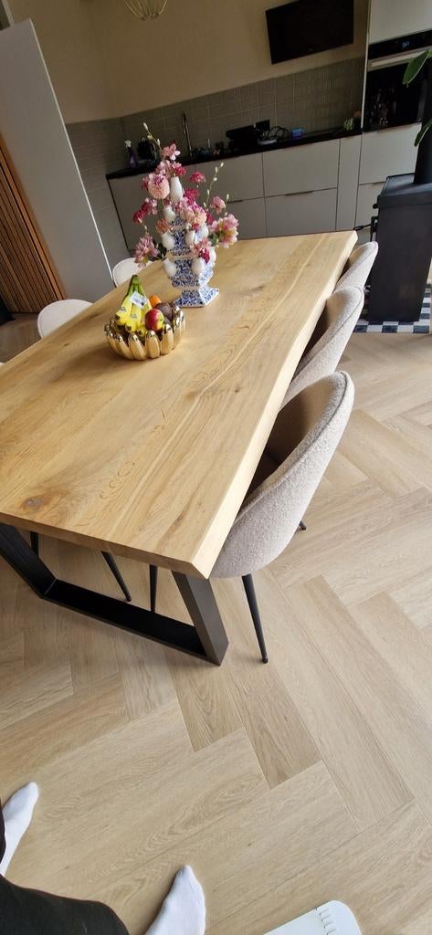 Industriële eettafel 200x100 cm met eiken blad, Ophalen, Zo goed als nieuw