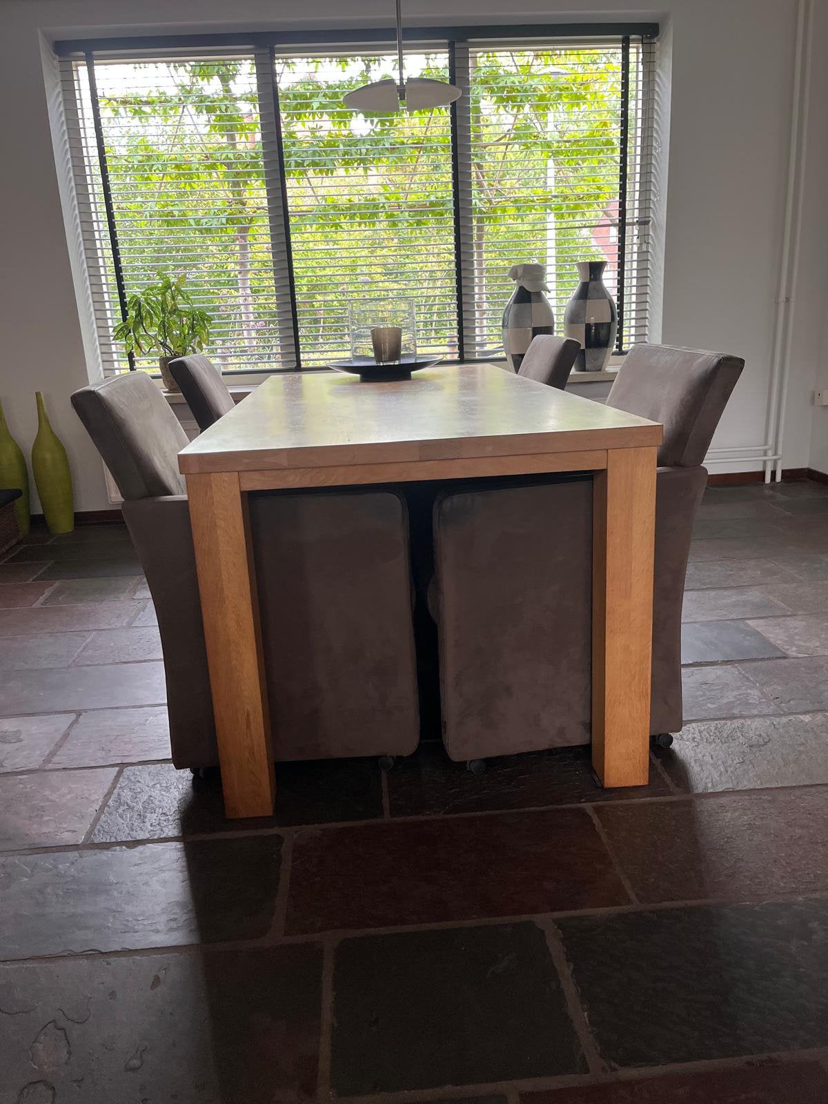 Eikenhouten eettafel met 4 stoelen, Ophalen, Gebruikt, Eikenhout, 50 tot 100 cm